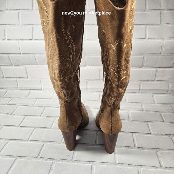 Women's Faux Suede Embroidered Knee High Cowboy Boots Size 8 Light Brown - New* - Picture 10 of 16